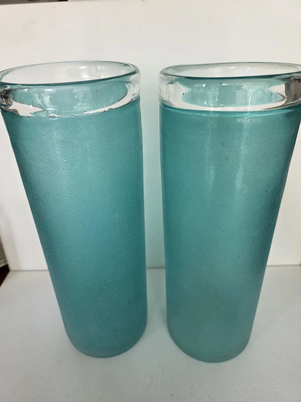 Handblown Aqua Blue Frosted Glass Vase Or Canddle Holder Decorative Pair